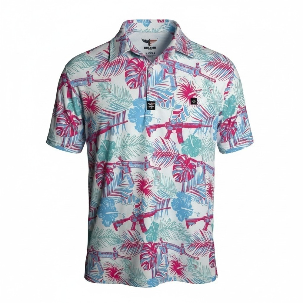 Eagle Six Gear Men Large AR-15 Tropical Floral Performance Polo Shirt White Pink